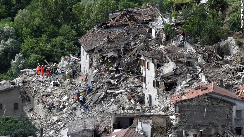 Collapsed and damaged houses in Pescara del Tronto.